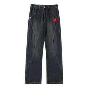 查尔斯桃心 2026年春季新款美式复古曲线拼接直筒水洗牛仔长裤男