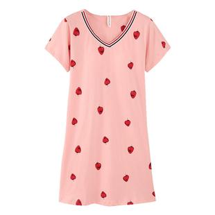 芬腾夏季短袖睡裙女纯棉宽松大码薄款带胸垫可爱甜美连衣裙家居服