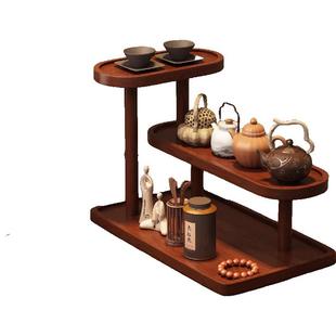 桌面置物架实木桌上茶台中古风双耳壶茶具茶杯茶室茶桌摆件展示架