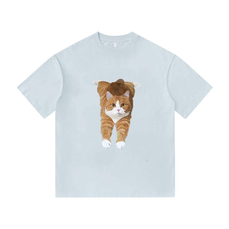 趣味橘猫板鸭趴哈基咪创意印花美式纯棉短袖T恤上衣宽松休闲男装