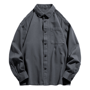 余文乐同款休闲长袖衬衣男士潮牌百搭衬衫男潮流宽松纯棉工装外套