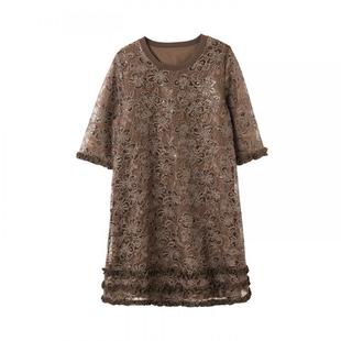 宝诗黎重工七分袖亮片蕾丝连衣裙2026春季气质宽松复古休闲直筒裙