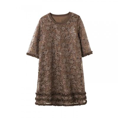 宝诗黎圆领亮片蕾丝连衣裙