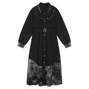 HARE连衣裙女2026春季新款水墨印花简约新中式翻领长裙589161