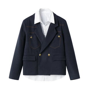 白口阳【首尔会长nim】撞色线学院风西装外套假两件短款西装衬衫