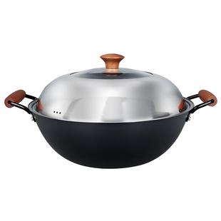 精铸铁釜炖锅40/36/34cm铁锅大炒锅双耳加深炒菜锅平底燃气灶家用