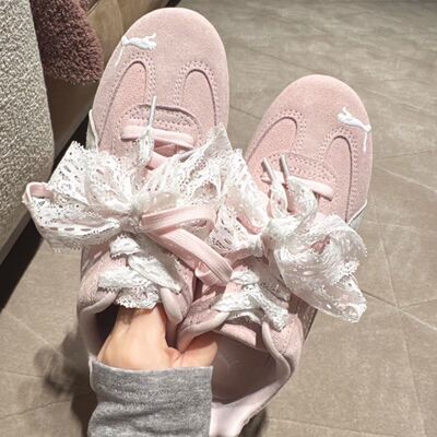 适配粉色puma赛车鞋德训鞋白色蕾丝丝绸鞋带芭蕾风珍珠鞋扣配饰