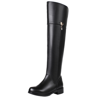 马靴女长筒靴真皮粗跟大码女靴加绒二棉鞋显瘦过膝长靴女平底休闲