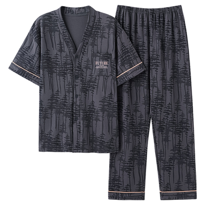 男士春夏薄款V领开衫睡衣套装