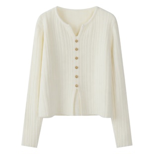 简约风白色V领针织开衫女长袖纽扣毛衣温柔韩系风通勤显瘦外套女