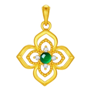 潮宏基四合如意足金钻石翡翠挂坠黄金镶嵌吊坠挂坠5D硬金生日礼物