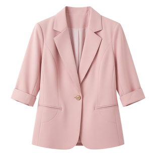 春夏薄款粉色七分袖小西装外套女休闲短款小个子中袖连衣裙两件套
