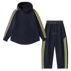 直播间同款美式百搭连帽撞色三条杠长袖卫衣休闲长裤套装男女同款