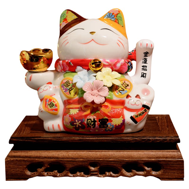 特色款实木底座透明玻璃罩招财猫