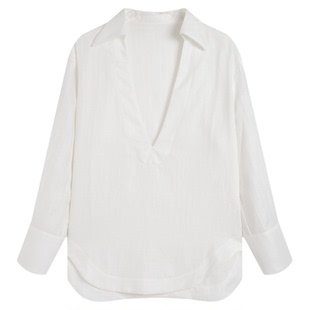 天丝亚麻V领衬衫女中长款设计极简百搭休闲气质上衣显瘦宽松2025