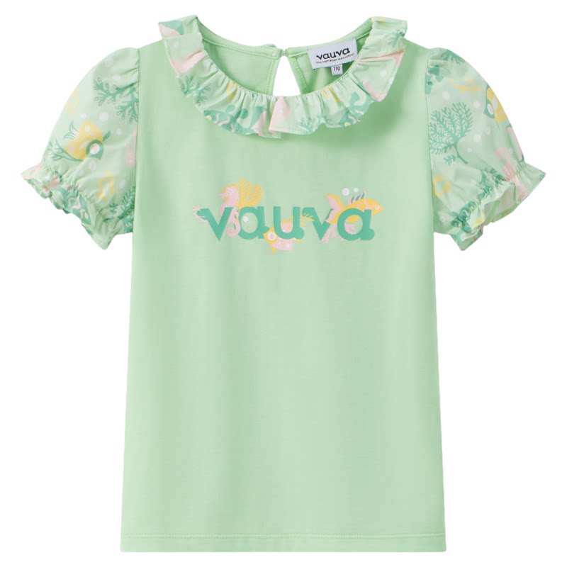 [Vauva]卡通字母女童短袖夏季新款棉T恤木耳边领口半袖t恤