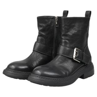 Corinna di Marsala皮带扣机车靴女2025新款真皮中筒靴黑色复古