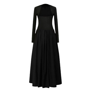 黑色长袖方领假两件挂脖连衣裙女高级感气质收腰长款针织拼接长裙