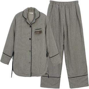 朵朵可可冬季厚款夹棉棉麻长款睡衣女家居服套装