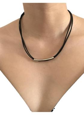 小众黑色麂皮绒不锈钢皮革项链