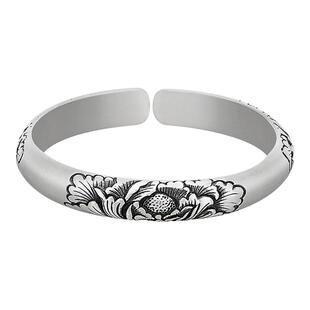 牡丹足银999银手镯纯银牡丹花民族风纯手工浮雕工艺开口女银饰品