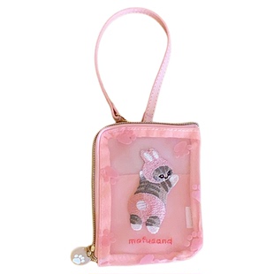 日系卡通可爱鲨鱼猫刺绣网纱卡包透明可伸缩零钱包钥匙包随身挂饰