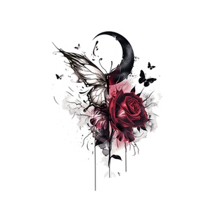 她画 月亮玫瑰蝴蝶 水墨国风 彩色纹身贴防水女持久高级感胸口