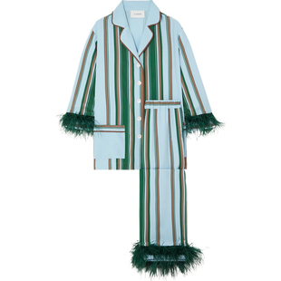 【折扣】Sleeper 女羽毛边饰条纹绉纱睡衣套装