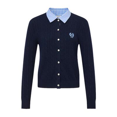 含绵羊毛翻领开衫长袖针织衫