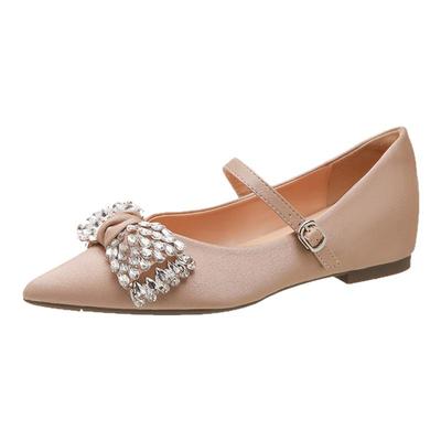 羊皮版~尖头浅口单鞋女2025新款水钻蝴蝶结玛丽珍鞋内增高平底鞋