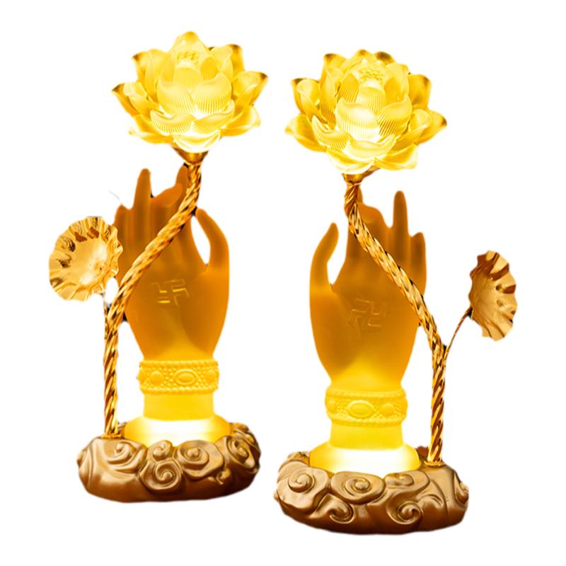 佛供灯琉璃莲花灯七彩佛手灯佛灯家用LED长明灯电供花佛前手捧花