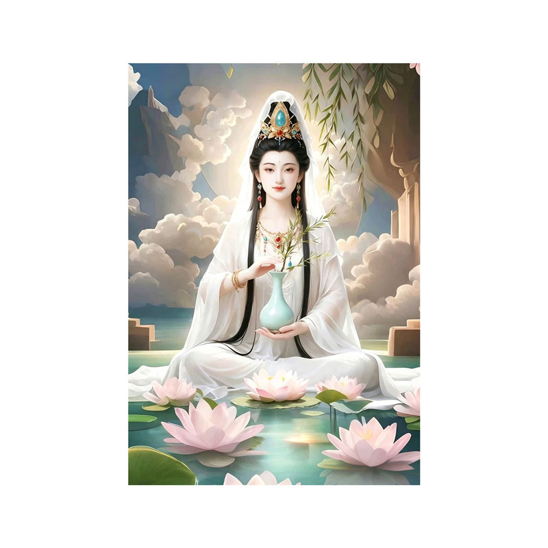 荷花观音钻石画保平安佛堂观世音菩萨佛像画像玄关贴钻十字绣刺绣