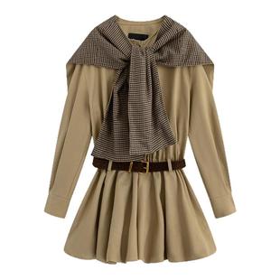 【陈卓璇靳梦佳同款】Marc Moore25秋新款复古英伦格纹披肩连衣裙