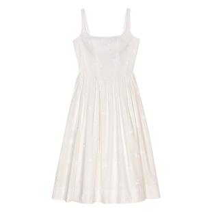 Maje2025春夏女装法式时尚白色印花刺绣无袖收腰长款吊带连衣裙