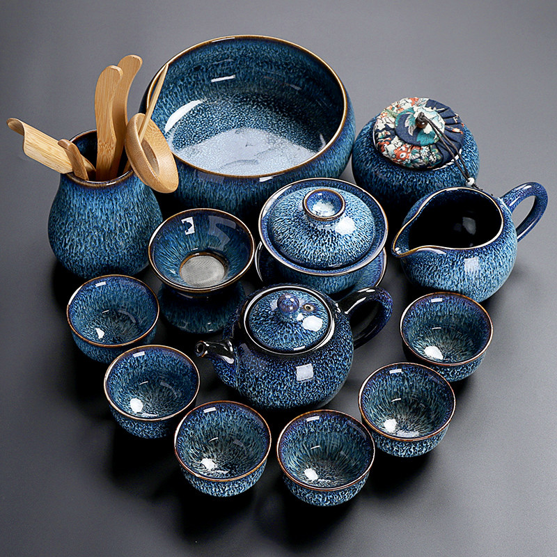 陶瓷功夫茶具套装家用简约拉丝办公室会客高档建盏泡工夫茶杯整套