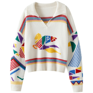 版型美得挑！加厚100%纯山羊绒衫女翻领彩虹飞马提花宽松毛衣秋冬