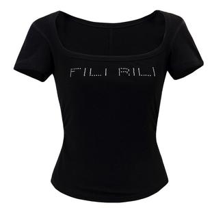 FILIRILI美式复古基础百搭方领短袖针织衫女水钻2025新款修身上衣