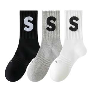 配鲨鱼裤的袜子女学院风百搭中筒袜棉质长筒袜白色s字母运动袜