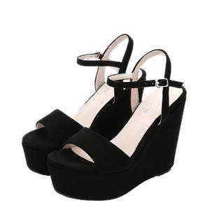 2025夏季新款黑色超高跟坡跟女凉鞋松糕鞋防水台厚底鱼嘴真皮女鞋