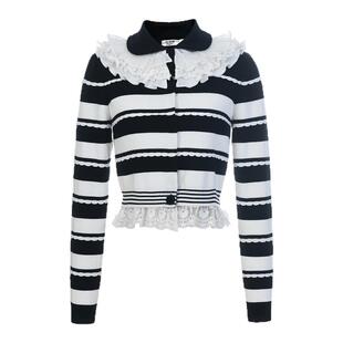 lefame拉飞姆2026早春新款时尚洛可可饰边黑白撞色条纹针织开衫