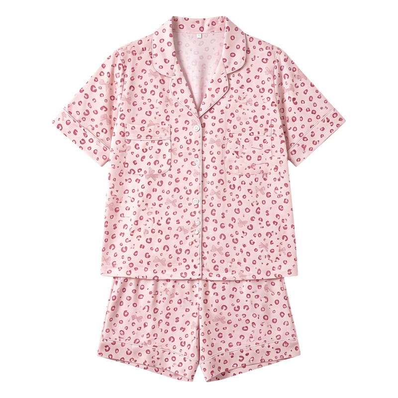 粉色豹纹带胸垫！夏季短袖家居服