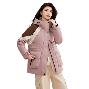 【鞠婧祎同款】鸭鸭工装羽绒服女中长款2025冬季收腰拼色鸭绒外套
