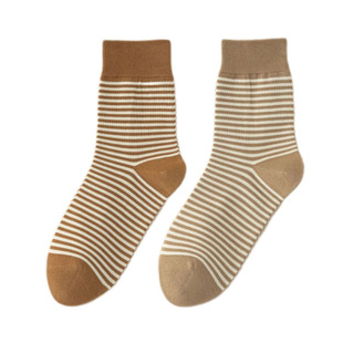袜子秋冬季女款纯棉无骨日系条纹袜咖黑色中筒袜吸汗防臭春秋棉袜