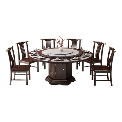 新中式实木岩板旋转伸缩餐桌椅组合可扩大变形圆桌带转盘家用饭桌
