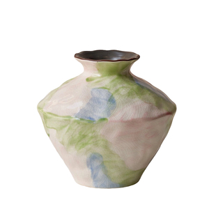 景德镇油画复古花瓶冰裂纹新中式侘寂风小清新陶瓷花器客厅软装饰