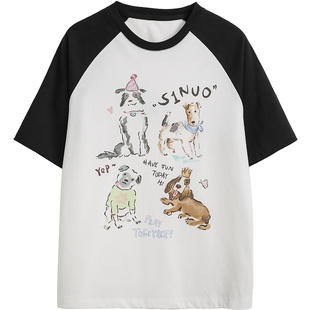 诺诺公主S1N初中生夏新款插肩袖卡通短袖T恤女青少年宽松显瘦上衣