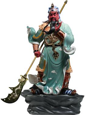 锵锵关公青袍彩绘陶瓷摆件客厅