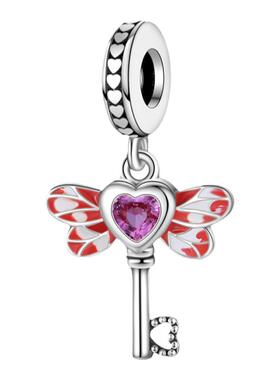 爱心锁心形翅膀锁匙吊饰  铜镀银珠子吊饰 DIY手链项链代发