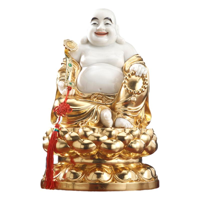 汉白玉镶金弥勒佛像家用供奉摆件
