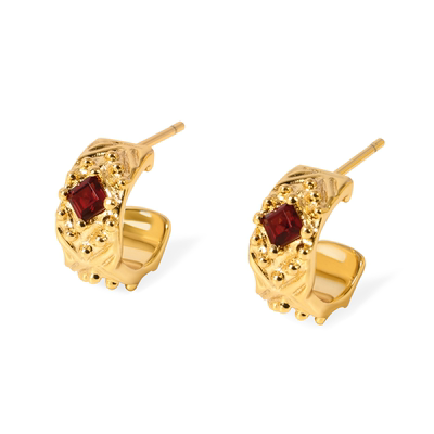 【新年礼物】Wens格致Edge菱格镶石小耳圈女红色小众高级C圈耳环